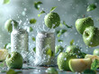 Fresh green apples splashing into water with droplets flying around, creating a dynamic and refreshing scene on a blurred background.