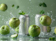Refreshing scene with green apples and beverage cans surrounded by splashing water and mint leaves, conveying a sense of freshness and vitality.