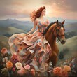 a voluptuous woman astride a majestic horse