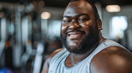 Poster - Smiling man with beard and sweaty skin wearing a sleeveless tank top standing in a gym with blurred exercise equipment in the background.