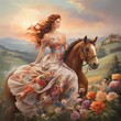 a voluptuous woman astride a majestic horse