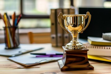 Trophy on work table, win concept
