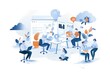 people sitting down in an office working with paper document flat design illustration