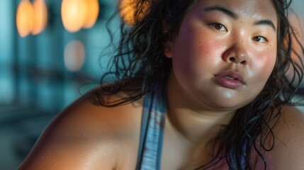 Sticker - A close-up of a woman with wet hair glowing skin and a soft expression set against a blurred background with warm lighting.