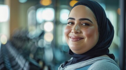 Wall Mural - A woman with a hijab smiling and looking to her left with a blurred background of lights and architectural elements.