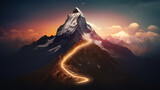 Fototapeta Tęcza - glowing path to the top of the mountain, business success strategy, development and growth concept