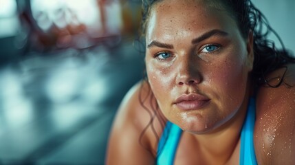 Wall Mural - A close-up of a woman with freckles looking directly at the camera with a soft expression set against a blurred background that suggests an indoor setting with natural light.