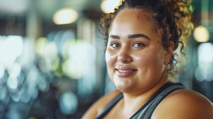 Wall Mural - A woman with curly hair smiling at the camera wearing a sports top with a blurred background of what appears to be a gym or fitness studio.