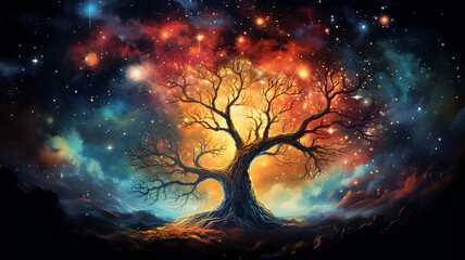 Wall Mural - fairytale illustration of the tree of life of the universe, the image of a large old tree against th