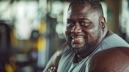 A man with a beard and short hair smiling and sweating wearing a sleeveless top standing in a gym with blurred equipment in the background.