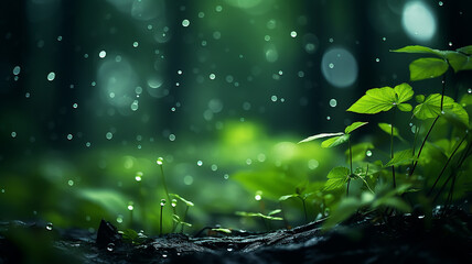 Wall Mural - green forest, dew drops and wet rain on young leaves and shoots in the depths of the green forest of