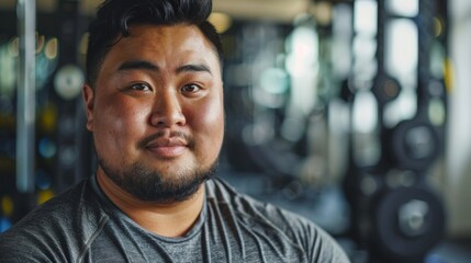 Wall Mural - A man with a beard wearing a gray shirt standing in a gym with weights in the background.