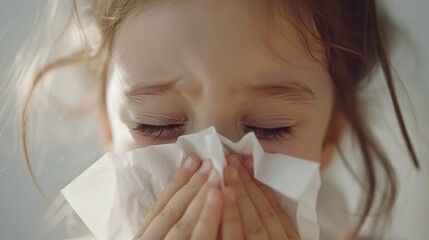 Wall Mural - Young girl with closed eyes wiping her nose with a tissue looking sad or tired.