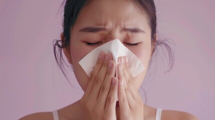 Wall Mural - A young woman with closed eyes holding a white tissue to her nose expressing discomfort or distress.