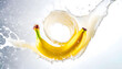 Visual Representation of the Moment a Falling Banana Collides with Water and Milk, Transformed into an Artistic Scene. Splashes.