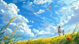 Fototapeta Do akwarium - A delightful image of a mother and child flying kites together in a meadow, with the colorful kites soaring high against a bright blue sky dotted with fluffy clouds