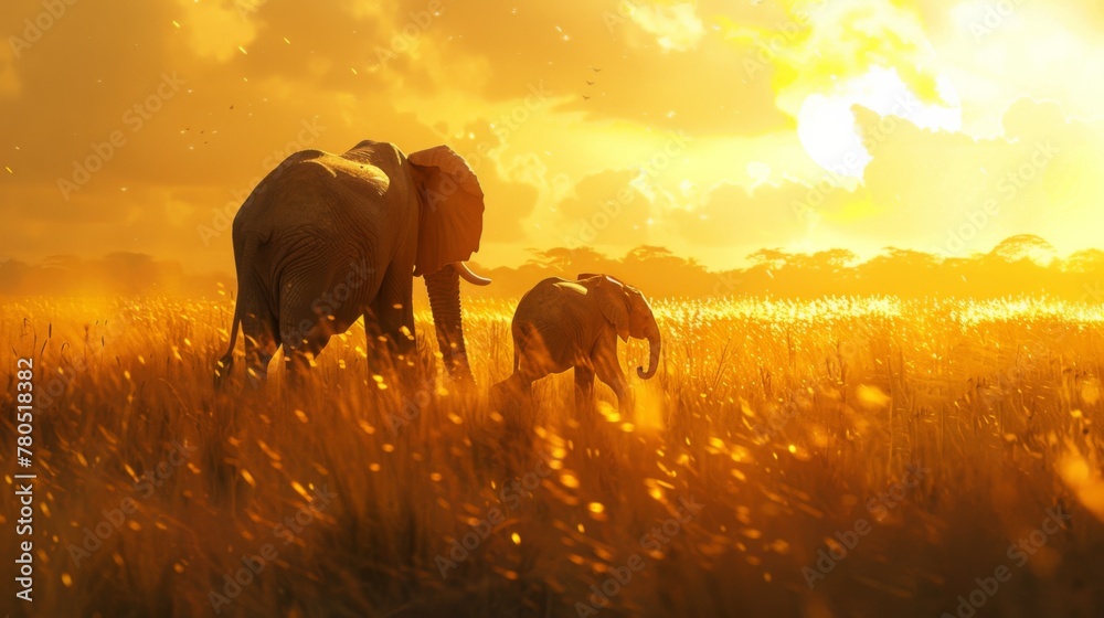 An endearing illustration of a mother elephant leading her baby ...