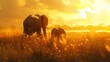 An endearing illustration of a mother elephant leading her baby elephant through a field of tall grass, with the setting sun casting a warm, golden glow over the scene