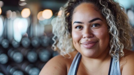 Canvas Print - A woman with curly hair and a warm smile wearing a sports bra sitting in a gym with weights in the background.