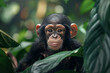 Close up portrait of a happy baby chimpanzee with a smile behind lush jungle leaves on blurred forest background