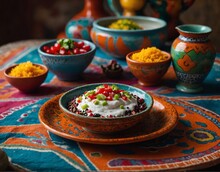 Traditional Mexican Dish Chiles En Nogada Served On A Colorful Platter With A Background Of Mexican Pottery.
