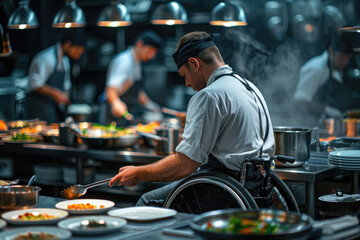 disabled man cook in a wheelchair in a restaurant kitchen prepares a dish