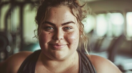 Wall Mural - A woman with a radiant smile sparkling blue eyes and freckles set against a blurred gym background.