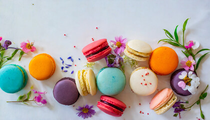  colorful macarons on white background