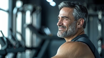 Wall Mural - Smiling man with gray beard and hair wearing tank top standing in gym with blurred exercise equipment in background.