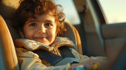 Canvas Print - A young child with curly hair wearing a car seat smiling and looking towards the camera with su nlight streaming through the car window.