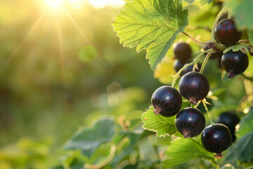 Wall Mural - A bunch of black berries hanging from a tree. The berries are ripe and ready to be picked. Natural blackcurrant on a blurred background of a currant garden at golden hour. The concept of organic