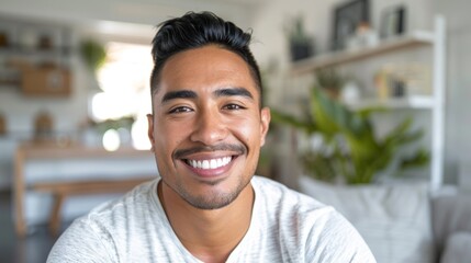 Wall Mural - Smiling man with short dark hair wearing a white shirt in a modern home setting with blurred greenery and furniture in the background.