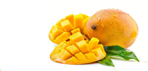 Wall Mural - A ripe mango is cut in half and has a slice missing. The mango is surrounded by a leaf. Branch of delicious ripe mango, cut out