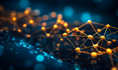 Poster - abstract digital network of glowing gold nodes connected by lines on a dark blue background, represe