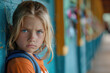 Portrait of upset girl child in school corridor, bullying concept
