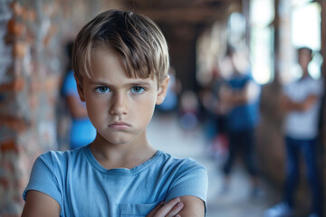 Portrait of upset boy child in school corridor, bullying concept