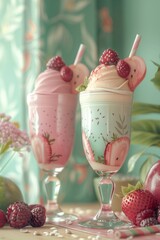 Gourmet berry milkshakes in elegant glasses. Two creamy berry milkshakes adorned with fresh berries and mint, perfect for summer refreshment