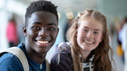 Two young individuals one male with short hair and a blue shirt and one female with long hair and a dark jacket smiling and posing together possibly in a public indoor space with blurred background.