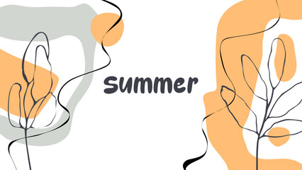 Fototapete - Summer abstract background with various hand drawn dynamic shapes, black wavy lines and tropical leaves for Summertime creative graphic design. Vector illustration.