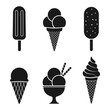 ice, cream, icon, cone, vector, illustration, waffle, chocolate, food, pictogram, scoop, dessert, cartoon, symbol, set, design, cup, silhouette, sorbet, black, frozen, milk, white, summer, cold, sunda