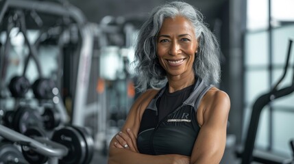 Wall Mural - Smiling woman with gray hair wearing a black tank top with a logo standing in a gym with weightlifting equipment in the background.