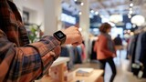 Fototapeta  - Man Checking Smartwatch While Shopping in a Clothing Store
