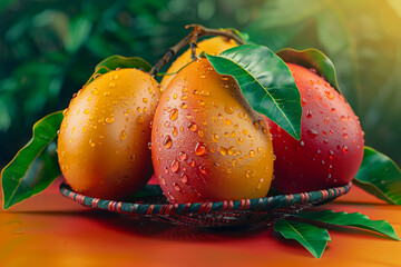 Wall Mural - A bunch of ripe mangoes with water droplets on them. Concept of freshness and natural beauty. freshy and juicy mangoes advertising style