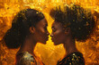 a painting of two women facing each other in front of a yellow background with gold flecks in the middle of the image and a black woman's head.