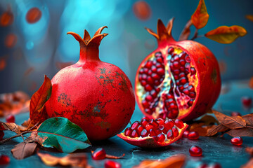 Wall Mural - Two red pomegranates with leaves on a table. The pomegranates are cut in half and the seeds are visible. The leaves are green and add a pop of color to the scene. some dried pomegranates with leaves