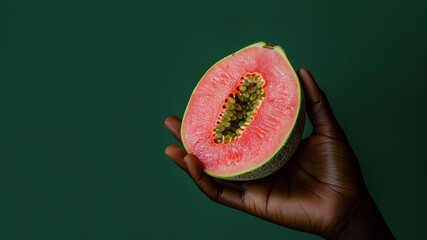 Wall Mural - A person is holding a piece of fruit with a green background. The fruit is a guava and it is cut in half. a black woman's hand holds a halved, f guava fruit against dark green background. healthy food