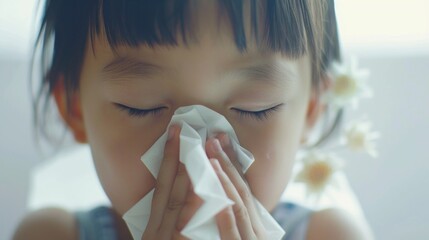 Wall Mural - A young girl with closed eyes holding a white tissue to her nose possibly indicating she is sneezing or has a cold.