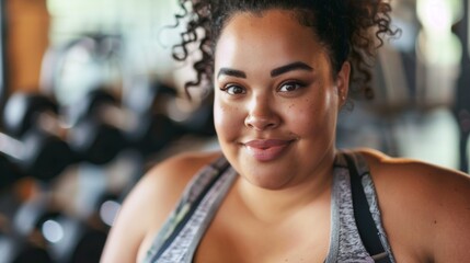 Sticker - A woman with curly hair and a friendly smile wearing a gray sports bra standing in a gym with blurred weights in the background.