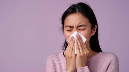 Wall Mural - Young woman with closed eyes holding a white tissue to her nose appearing to be in the midst of a sneeze or sniffling with a soft pink sweater and a light purple background.