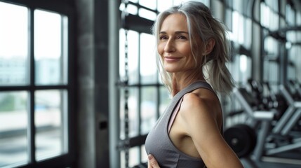 Wall Mural - A woman with gray hair smiling wearing a sleeveless top standing in a gym with large windows and exercise equipment in the background.